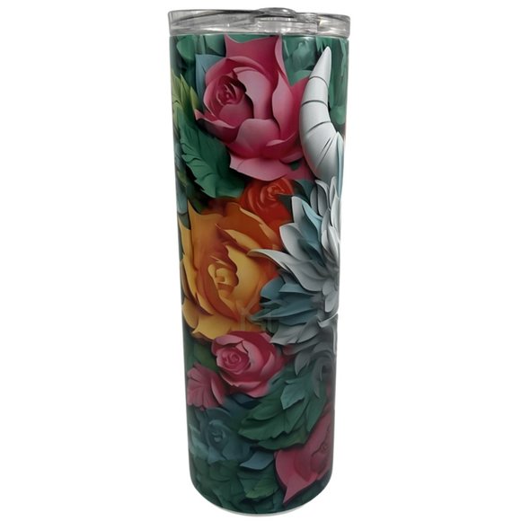 Skinny Tumbler 20oz 3D Dragon Colorful Paper Dragon and Flowers Stainless-Steel - Picture 5 of 10